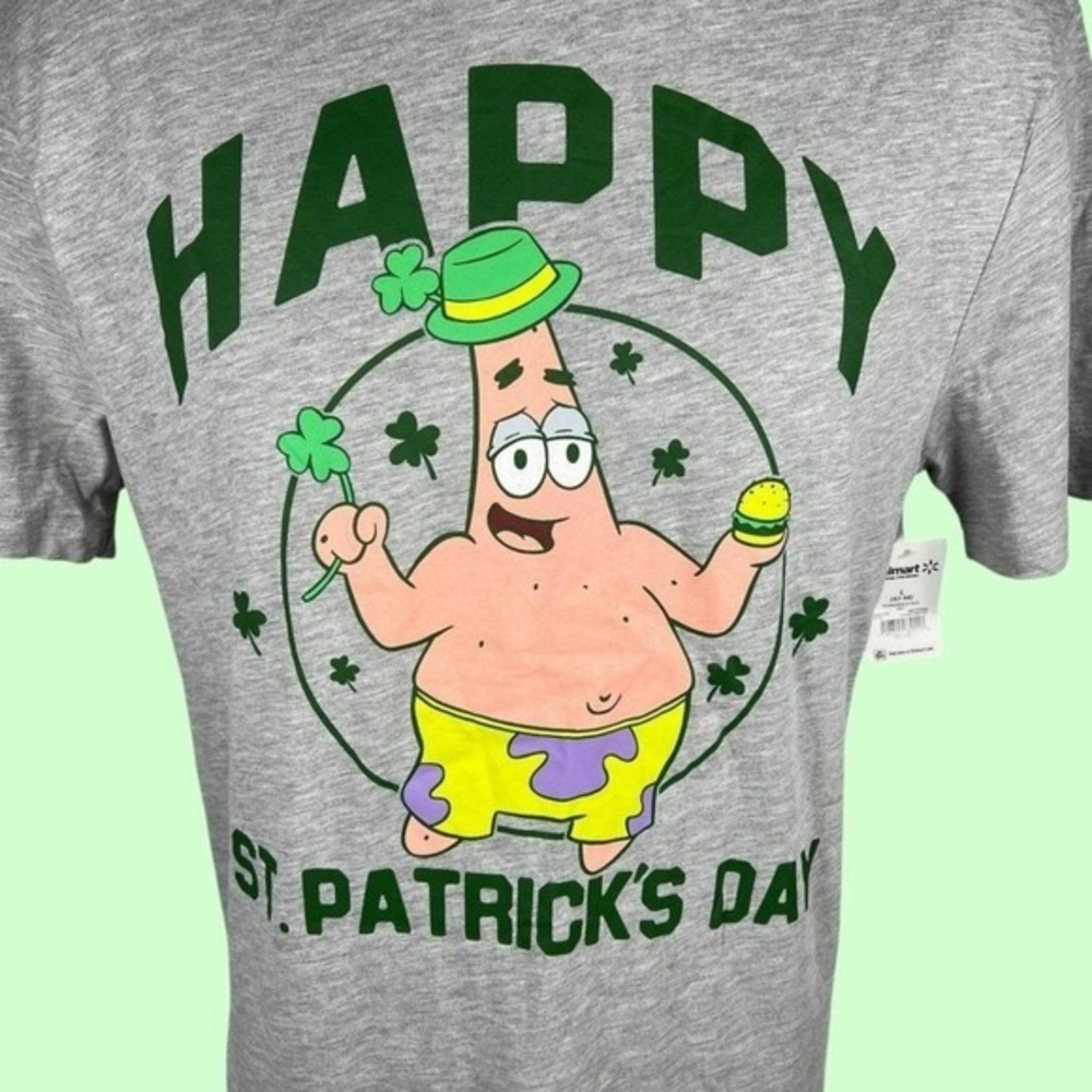 SpongeBob SquarePants Patrick Star St. Patrick's Day T-Shirt Large Gray NEW! - Picture 2 of 6